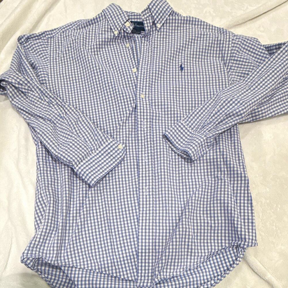 Ralph Lauren Blake Men's M Regular Blue White Plaid Long Sleeve 100%2 Ply Cotton